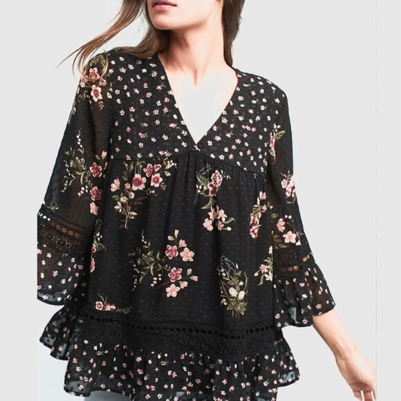 Anthropologie Tops - Anthropologie Maeve Steffy Floral Bohemian Babydoll Black Ruffled Blouse size S